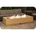 Outdoor fire pit table with flames on a stone patio, surrounded by outdoor furniture.