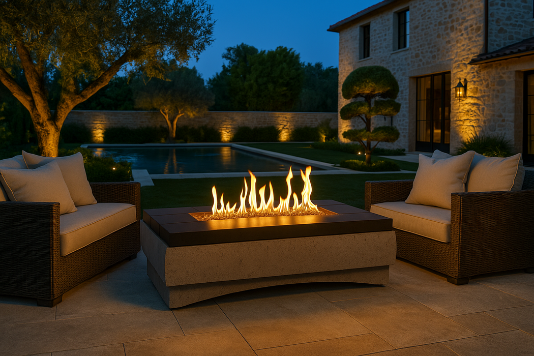 American Fyre Designs River Rectangle Fire Table - lifestyle view