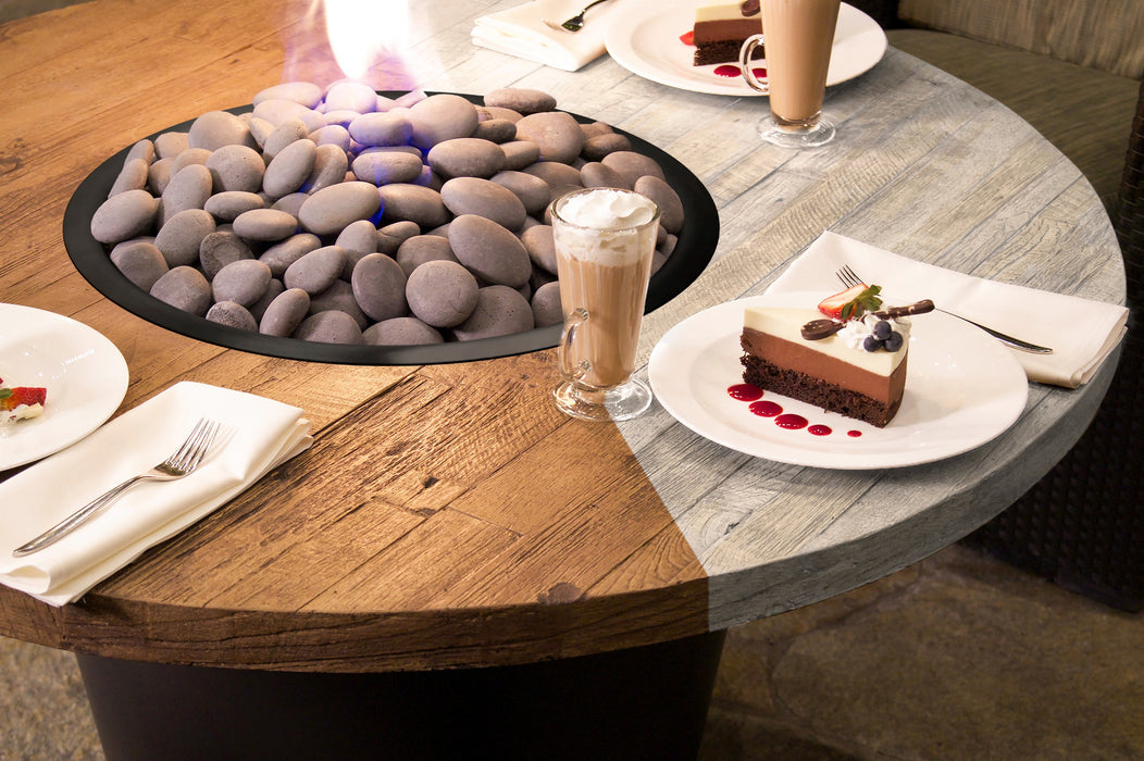 American Fyre Designs Reclaimed Wood Cosmopolitan Round Fire Table - finish comparison