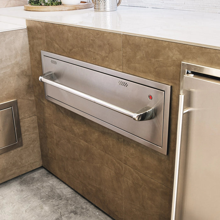 Summerset 36-inch warming drawer installed in an outdoor kitchen